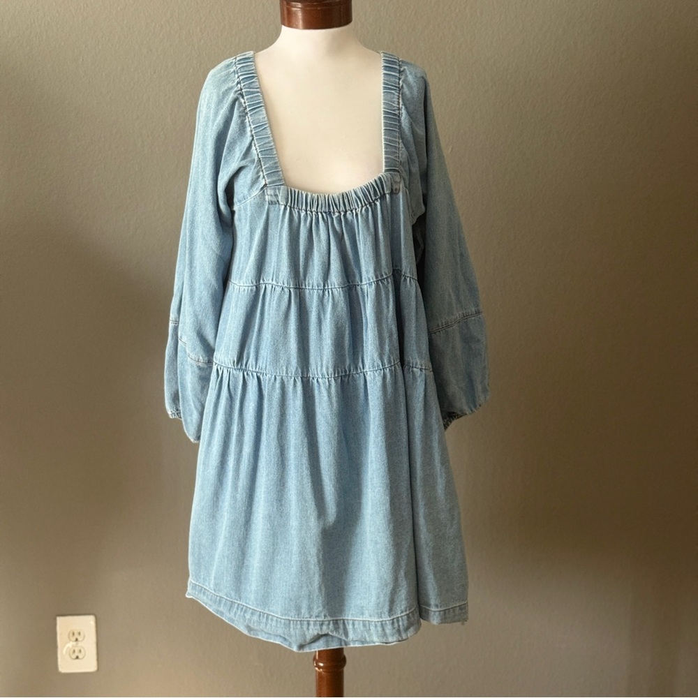 Free People Blue Jean Babydoll denim mini dress Sz XL Fall western boho chic - Picture 6 of 11